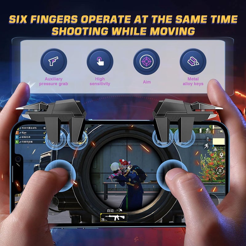 EasEasy PUBG Game Trigger, Mobile Phone Controller Compatible for PUBG/Rules of Survival/Knives Out, 6 Fingers Trigger with Sensitive Aim and Shoot Smartphone Joystick for iPhone & Android-Black - Image 2